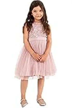 Maya Deluxe Vestido Midi para Niñas con Lentejuelas Adornadas para Fiesta, Tutú, Damas de Honor, Boda con Lazo para Cinturón, Rosa Esmerilado, 9-10 Años