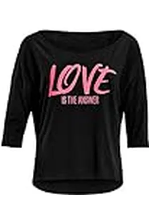 Winshape Camisa para Mujer de 3/4 Brazos, Modelo Mcs001 Mit Neon Pinkem Love is The Answer Glitzer-Aufdruck Yoga Shirt