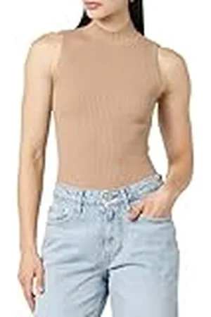 THE DROP Karolina Sleeveless Ribbed Mock-Neck Sweater Camisetas de Moda, Praliné, XXL Grande