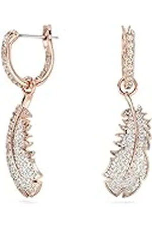 Swarovski Pendientes Nice, Motivo de Pluma, Cristales Blancos, Baño tono oro rosa