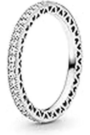 PANDORA Signature Anillo con diseño de destellos y corazones de con circonitas cúbicas transparentes, talla 52