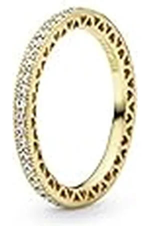 PANDORA Signature Hearts of Anillo con diseño de corazón chapado en oro de 14 quilates con circonitas cúbicas transparentes, talla 58