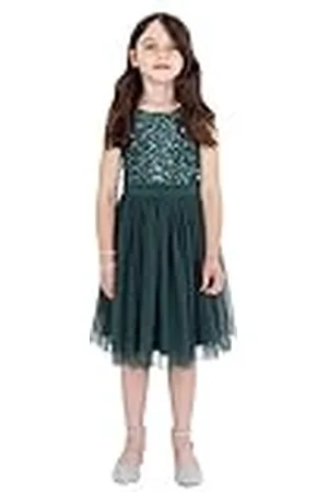 Maya Deluxe Vestido Midi para Niñas con Lentejuelas Adornadas para Fiesta, Tutú, Damas de Honor, Boda con Lazo para Cinturón, Verde Esmeralda, 9-10 Años