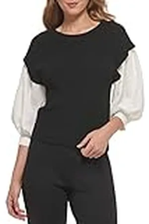 DKNY Mixed Media 3/4 Balloon Sleeve Rib Knit Top Camiseta, , S Mujeres