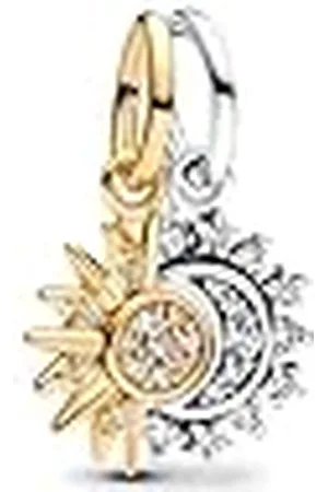 PANDORA Moments 763585C01 - Colgante divisible de sol y luna de plata de ley con aleación de metal chapado en oro y circonitas, compatible con pulseras Moments y ME, Klar, Plata de ley, Circonita