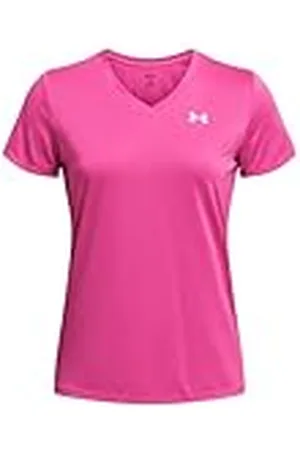 Under Armour Tech SSV Solid Camiseta de manga corta para mujer con cuello de pico, ligera camiseta de deporte, color rosa fantasía/blanco