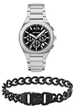 Armani Exchange Hombre Reloj de Acero Inoxidable Plateado y Pulsera Negra, Set