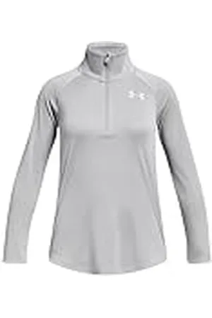 Under Armour Tech Graphic 1/2 Zip Camiseta de manga larga para niña de corte suelto, camiseta con cremallera media para entrenar o jugar al fútbol, color gris claro jaspeado/plateado metálico