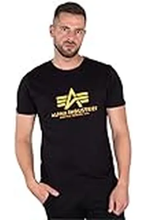 Alpha Industries Basic Camiseta, Negro (Black/Neon Orange-477), S para Hombre