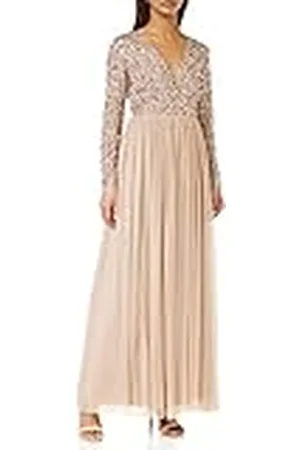 Maya Deluxe Ladies Maxi Dress Women with Long Sleeves V Neckline Plunging Sequin Embellished for Wedding Guest Bridesmaid Prom Vestidos, , 34 De Las Mujeres
