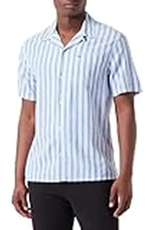 Tommy Hilfiger Camisa de Lino para Hombre Linen Shirt de Manga Corta, Multicolor (Persian Blue Stripe), S