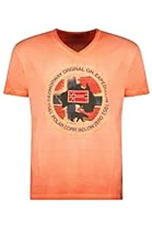 Geographical Norway Jexcursion Men Camiseta de algodón para Hombre, Camisetas clásicas de Verano con Logotipo, Ajuste Regular con Cuello en V Hombre, Verano para Todas Las Estaciones (Corail L)