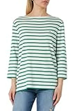 Tommy Hilfiger Camiseta de Manga Larga de Algodón para Mujer, Multicolor (Breton Ecru/Olympic Green), 48