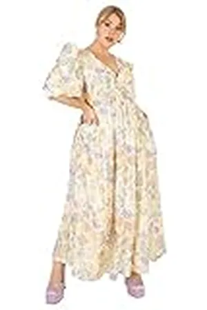 Lovedrobe Womens Ladies Maxi Dress Plus Size Curve 3/4 Sleeve Puffed V Neck High Empire Waist Long for Summer Party Vestido, , 50 para Mujer