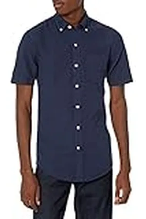 Amazon Camisa Oxford con Bolsillo de Manga Corta y Ajuste Entallado Hombre, , XS