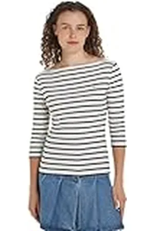 Tommy Hilfiger Camiseta de Manga Larga para Mujer Slim con Cuello Barco, Multicolor (Breton Ecru/Desert Sky), XS