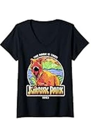 Jurassic Park Mujer Parque Jurásico El parque está abierto 1993 Neon T-Rex Camiseta Cuello V