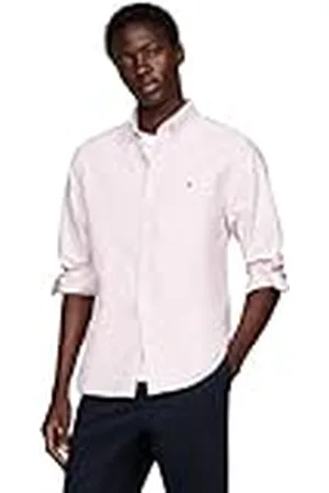 Tommy Hilfiger Camisa Hombre Stripe Regular Fit de Manga Larga, Multicolor (Terra Red/White), XS