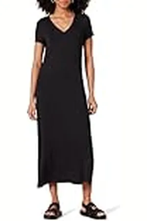 Amazon Vestido Midi de Punto de Manga Corta con Escote en Pico Mujer, , M
