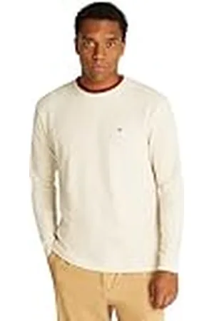 Tommy Hilfiger Camiseta de Manga Larga Hombre Regular Fit Waffle con Cuello Redondo, Marfil (Newsprint), L