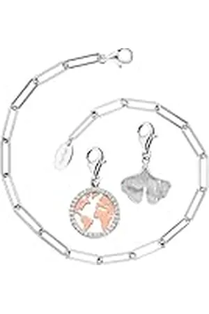 Engelsrufer Conjunto de joyas para mujer – Pulsera de con ancla para charms, charm de hoja de ginkgo y colgante del mundo plateado/rosa con circonitas, Verstellbar, de ley, No es una