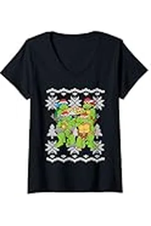 Teenage Mutant Ninja Turtles Mujer TMNT Ugly X-Mas Copos de nieve con sombreros de Papá Noel Camiseta Cuello V
