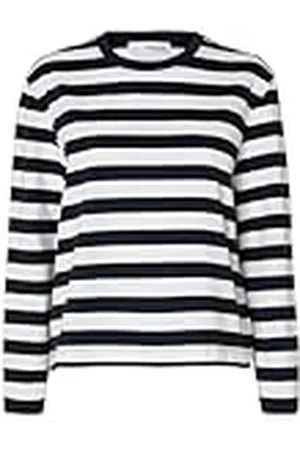 SELECTED Slfessential LS Striped Boxy tee Noos Camiseta de Manga Larga, Zafiro Oscuro/Rayas: Blanco Brillante-Ancho, L para Mujer