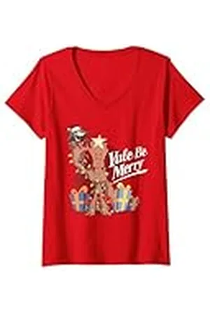 Marvel Mujer Feliz Navidad de Groot y Rocket Camiseta Cuello V