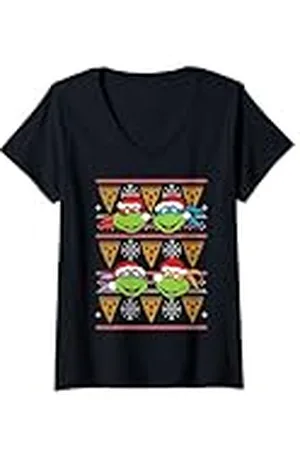 Teenage Mutant Ninja Turtles Mujer Suéter feo de Navidad con diseño de cabezas y pizza Camiseta Cuello V
