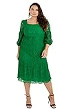 Lovedrobe Vestido para Mujer, Talla Grande, con Encaje, Manga Larga, Cuello Cuadrado, Curvo, Midi, Verano, invitada de Boda, 52