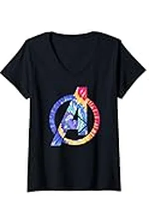 Marvel Mujer Corbata teñida con el logotipo de los Vengadores de , Camiseta Cuello V
