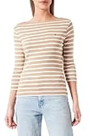 Tommy Hilfiger Camiseta de Manga Larga para Mujer Slim con Cuello Barco, Multicolor (Breton Stp/ C Khaki/ Ecru), S
