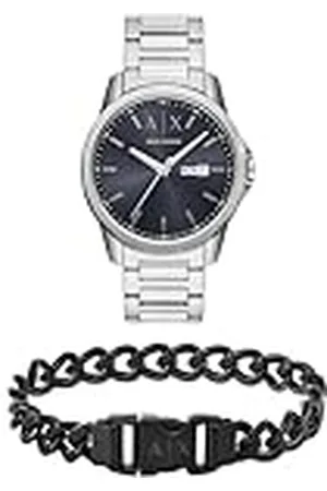 Armani Exchange Hombre Reloj de Acero Inoxidable Plateado y Pulsera Negra, Set