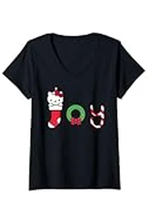 Sanrio Mujer Hello Kitty Cute Father Christmas Joy Santa Camiseta Cuello V