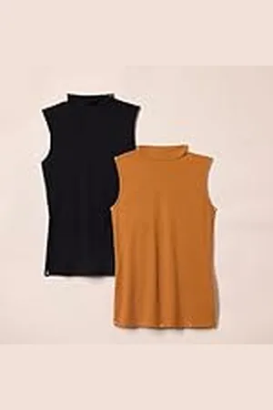 Amazon Camiseta sin Mangas de Punto Trenzado y Corte Ajustado con Cuello Redondo Mujer, Pack de 2, , XS