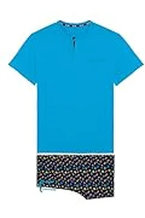 Hom Pyjama Court California Juego de Pijama, Parte Superior: Azul Liso Bajo: Estampado de Cactus, S para bre
