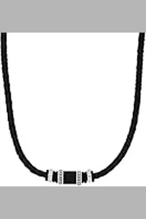 QS by s.Oliver Collar de acero inoxidable de carbono / cuero collar de los hombres, 47 + 3 cm, plata, viene en caja de regalo de joyería
