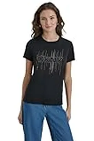 DKNY Short Sleeves Zip Multi Hotfix Logo tee Blouse, , L Mujeres