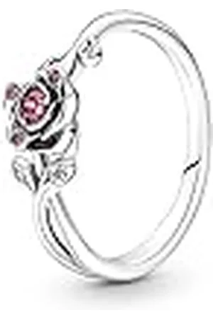 PANDORA Disney Anillo con diseño de rosa de La Bella y la Bestia en plata de ley con circonitas cúbicas rojas y transparentes, talla 52