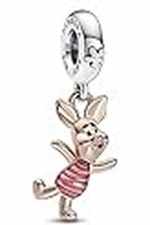 PANDORA Disney Colgante con diseño de Piglet en plata de ley y chapado en oro rosa de 14 quilates con esmalte transparente rosa y negro