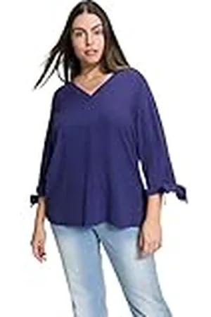 Ulla Popken Blusa de Mezcla de Lino, Cuello En V, Manga 3/4, Lazo Decorativo, Blusas para Mujer, , 50-52