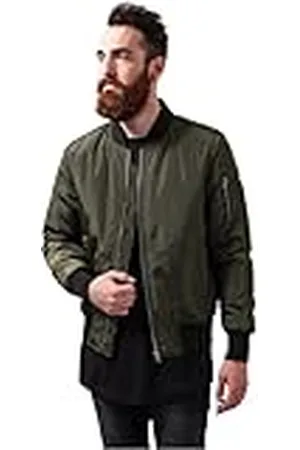Urban classics Cazadora de Hombre Chaqueta Bomber de Estilo Urbano, en Verde Oliva con Cuello, Cintura y Puños Negros a Contraste, Cierre con Cremallera, , 3XL