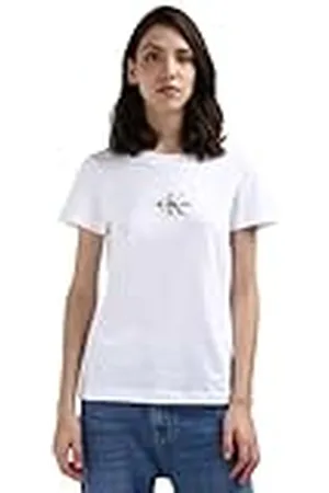 Calvin Klein Jeans Camiseta de Manga Corta para Mujer Monologo Slim con Cuello Redondo, Blanco , 5XL