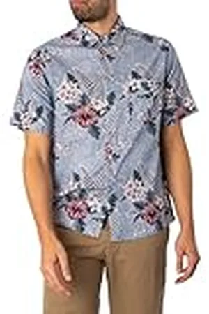 Replay Camisa de manga corta para hombre confeccionada en algodón, multicolor (Lt Blue & Hibiscus 010), M