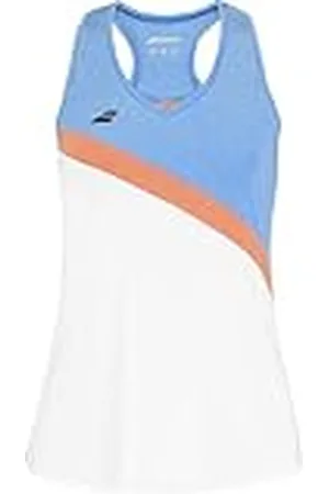 Babolat Camiseta de Tirantes para Mujer, Modelo Play Tank, Talla XO, Color Blanco/Azul, Escote en V, Material Suave y Flexible, con Espalda Original, Ideal para Deportes y Actividades de Ocio
