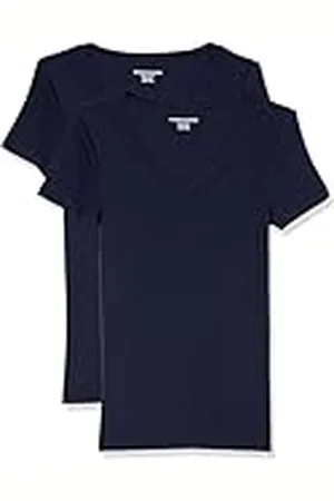 Amazon Camiseta de Cuello en Pico de Manga Corta y Ajuste Entallado Mujer, Pack de 2, , L