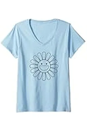Cute 80s Smile Happy Tee Mujer Camisa de flores de cara sonriente de los años 70, flor de cara sonriente de la paz feliz Camiseta Cuello V