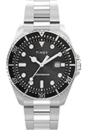 Timex Trend Reloj para Hombre, Pulsera de Acero Inoxidable Plateada, Esfera Negra, Caja Plateada, 42 mm, TW2Y28700