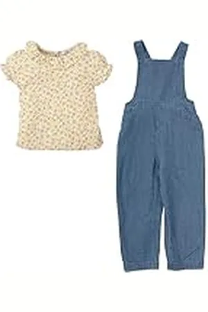 BABIDU Conjunto para Niña con Peto Vaquero y Camiseta de Manga Corta a Rayas Finas, , 24 Meses Unisex bebé