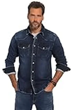 JP 1880 Camisa, Flexnamic, Vaquero, Manga Larga, Cuello Kent, Ajuste básico Moderno, Aspecto Occidental, Azul Denim, XXXXXL para Hombre
